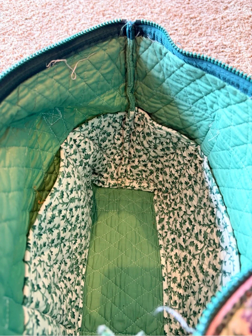 Vintage Vera Bradley Quilted Floral Tote in Cream and Green with Lavender Accent - Picture 3 of 5